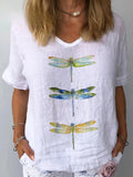 Women's Watercolor Dragonfly Cotton Linen Shirt