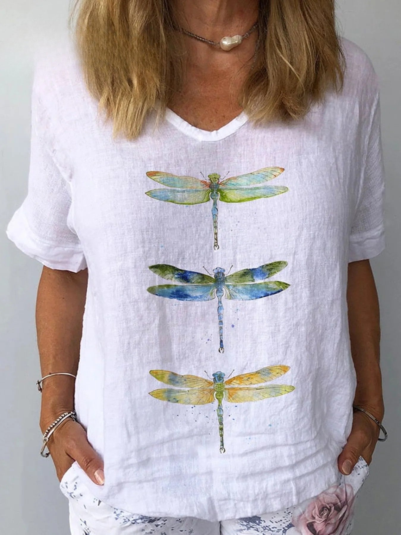 Women's™ | Watercolor Dragonfly Print Cotton Linen Shirt