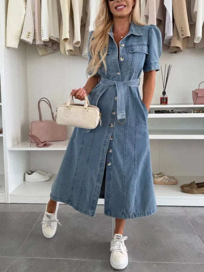 Nimfa™ | Elegant Lapel Lace-Up Maxi Denim Dress