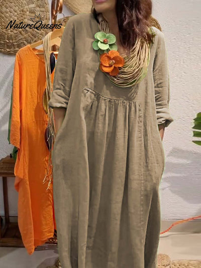 Ladies™ | Solid Color V-Neck Casual 3/4 Sleeves Long Cotton and Linen Dress