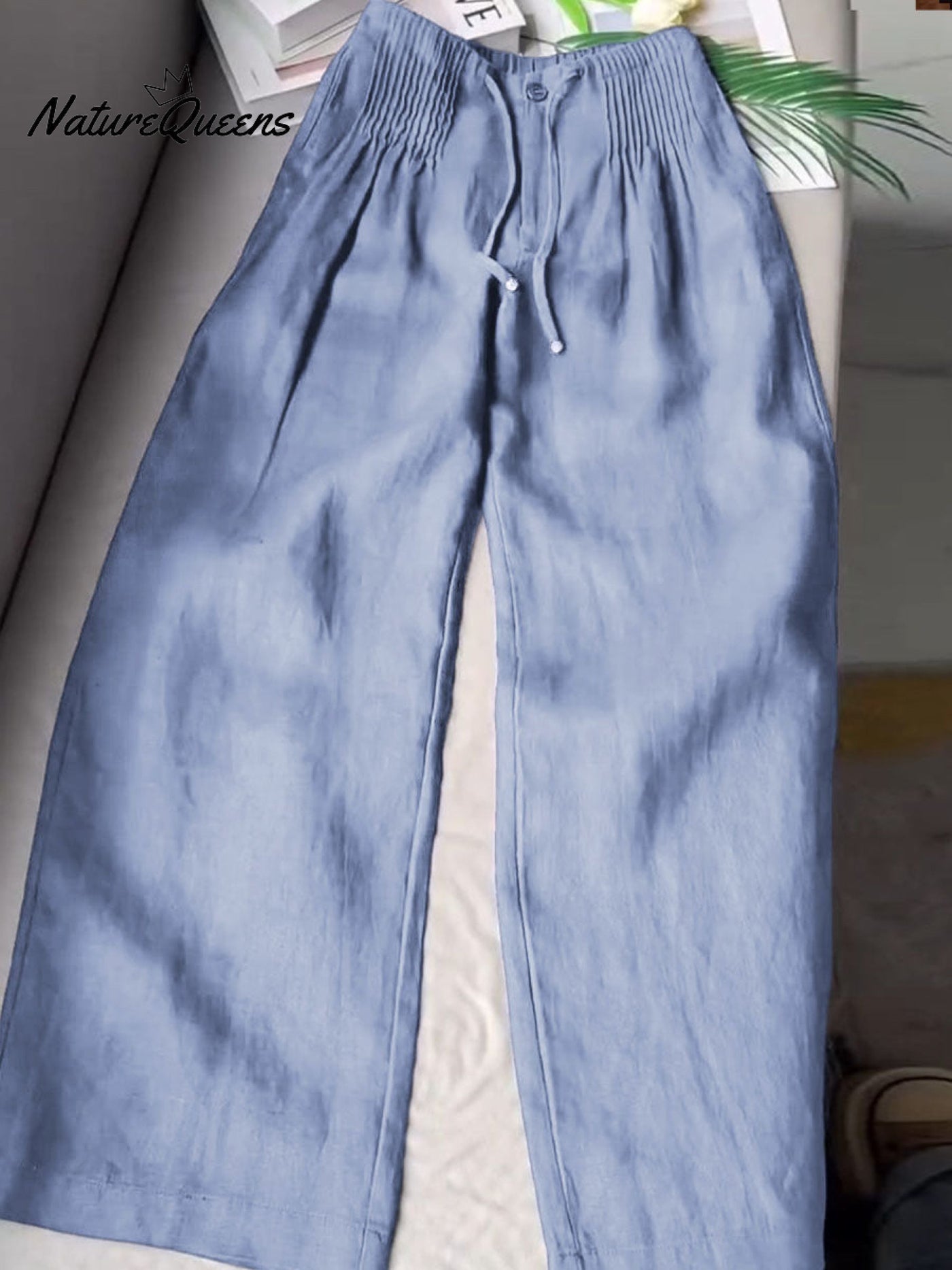 Women's™ | Solid Color Pleated Drawstring Casual Cotton and Linen Wide Leg Pants