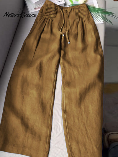 Women's™ | Solid Color Pleated Drawstring Casual Cotton and Linen Wide Leg Pants