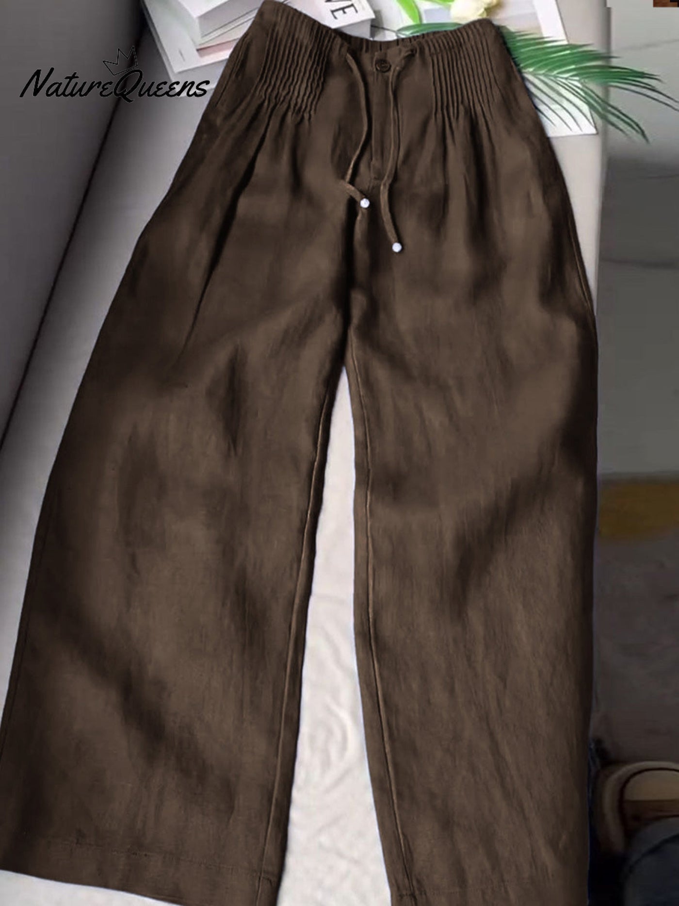 Women's™ | Solid Color Pleated Drawstring Casual Cotton and Linen Wide Leg Pants