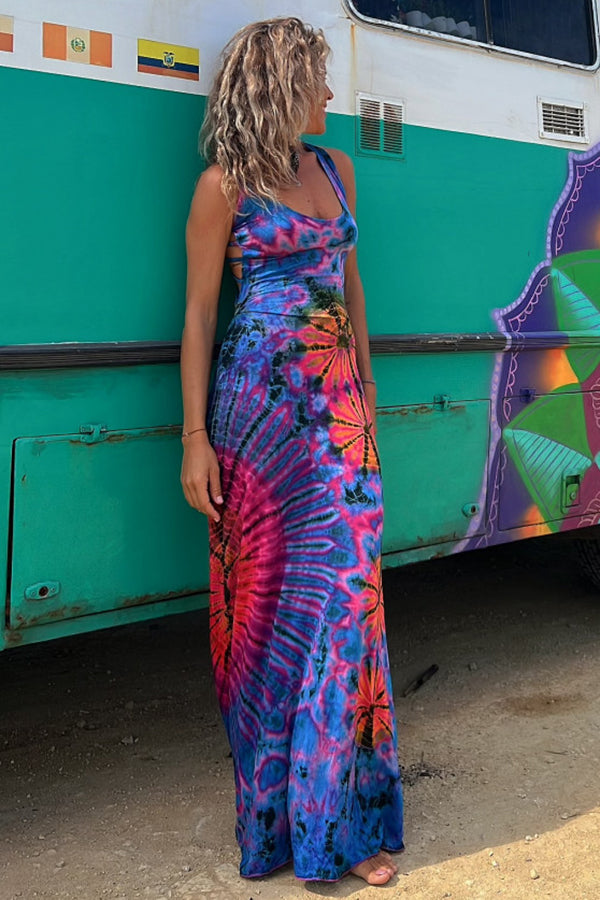 Helena™ | Tie-dye Print Back Lace-up Stretch Maxi Dress