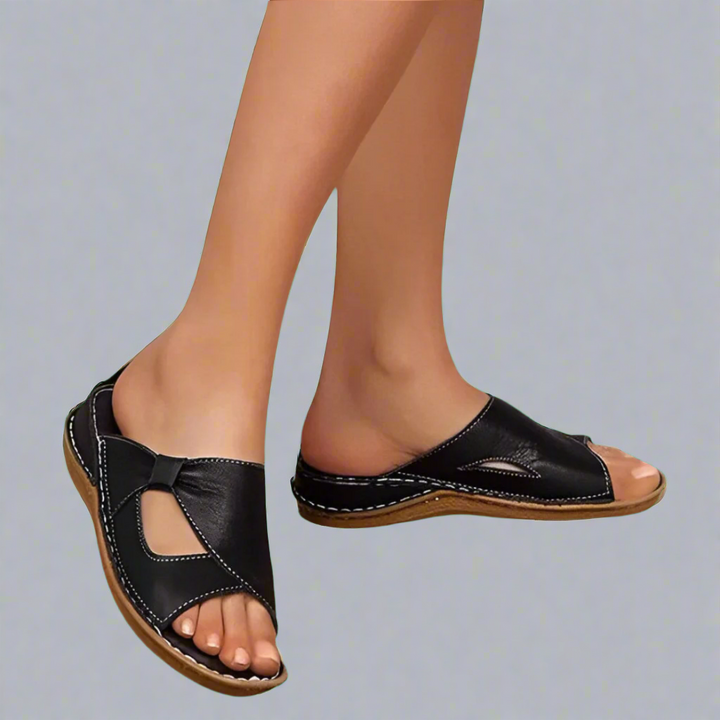 Vera premium leather arch support sandals, worn by model, showing the back and side view of both feet