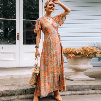 Diana | Floral Wrap Dress with Short Sleeves | Light & Airy Maxi Dress