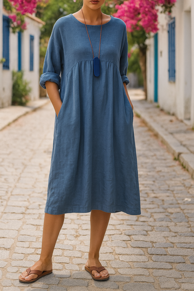 Bryony™ | Round Neck Sleeve Solid Color Dress with Pockets