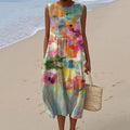 Women's Vintage Print Maxi Dress – Pleated Boho Style