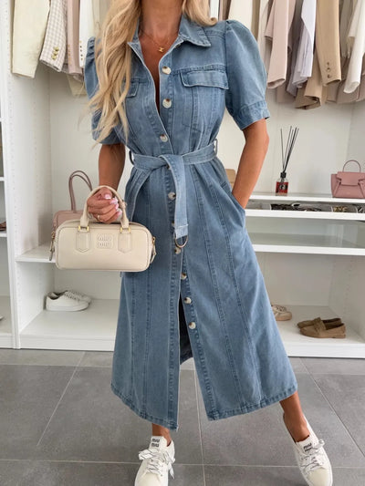 Nimfa™ | Elegant Lapel Lace-Up Maxi Denim Dress