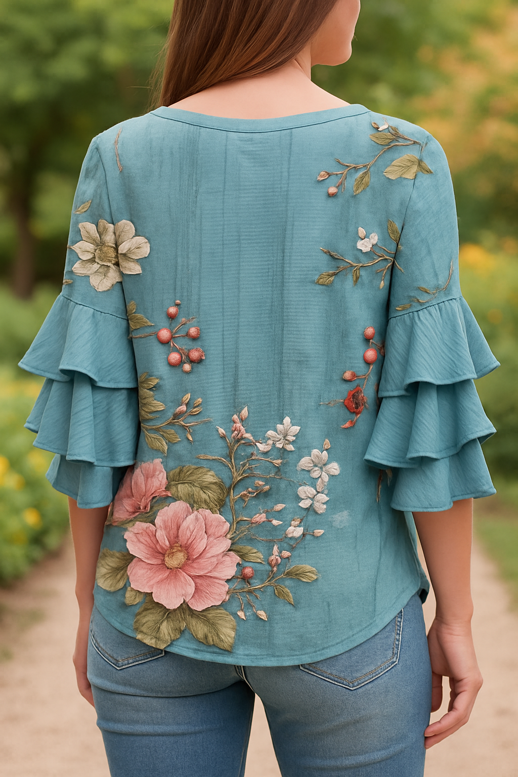 Francine™ | Boho Floral V-Neck Ruffle Bell Sleeve Top