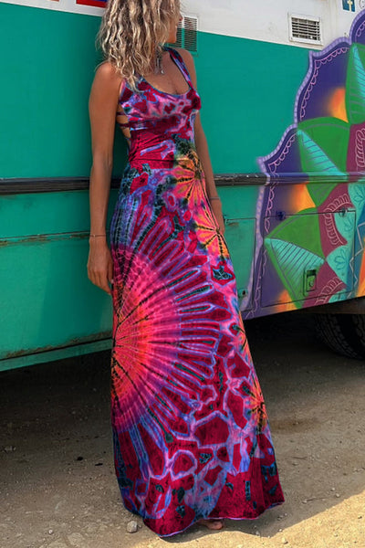 Helena™ | Tie-dye Print Back Lace-up Stretch Maxi Dress