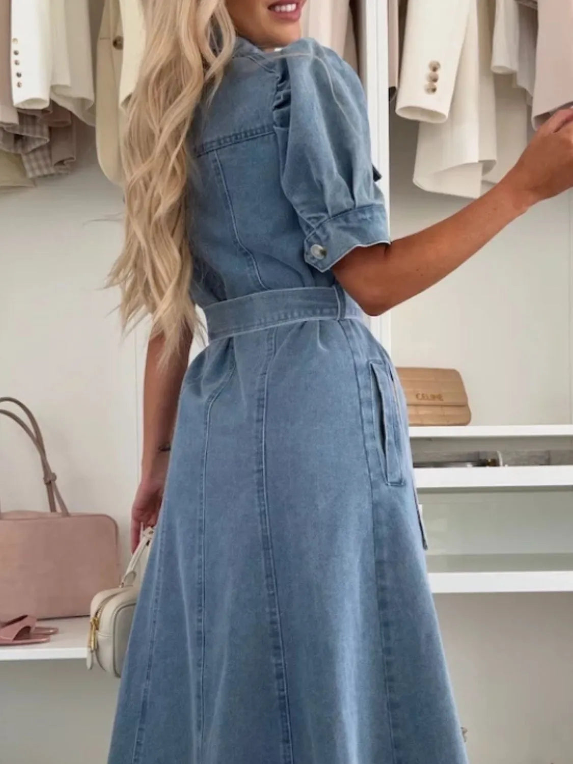 Nimfa™ | Elegant Lapel Lace-Up Maxi Denim Dress