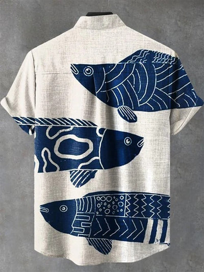 Vintage™ | Fish Art Print Casual 100% Cotton Shirt