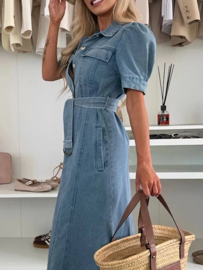 Nimfa™ | Elegant Lapel Lace-Up Maxi Denim Dress