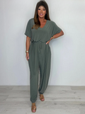 Women's V-Neck Jumpsuit with Tie – Wide Leg