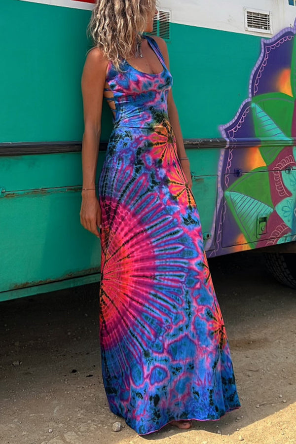 Helena™ | Tie-dye Print Back Lace-up Stretch Maxi Dress