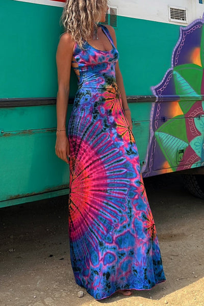 Helena™ | Tie-dye Print Back Lace-up Stretch Maxi Dress