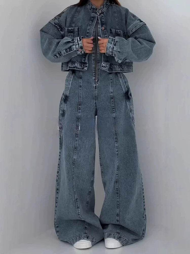 Belinda™ | Chic Denim Zipper Jumpsuit with Matching Jacket Set