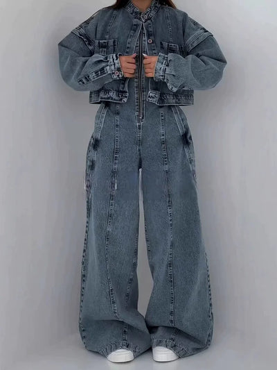 Belinda™ | Chic Denim Zipper Jumpsuit with Matching Jacket Set