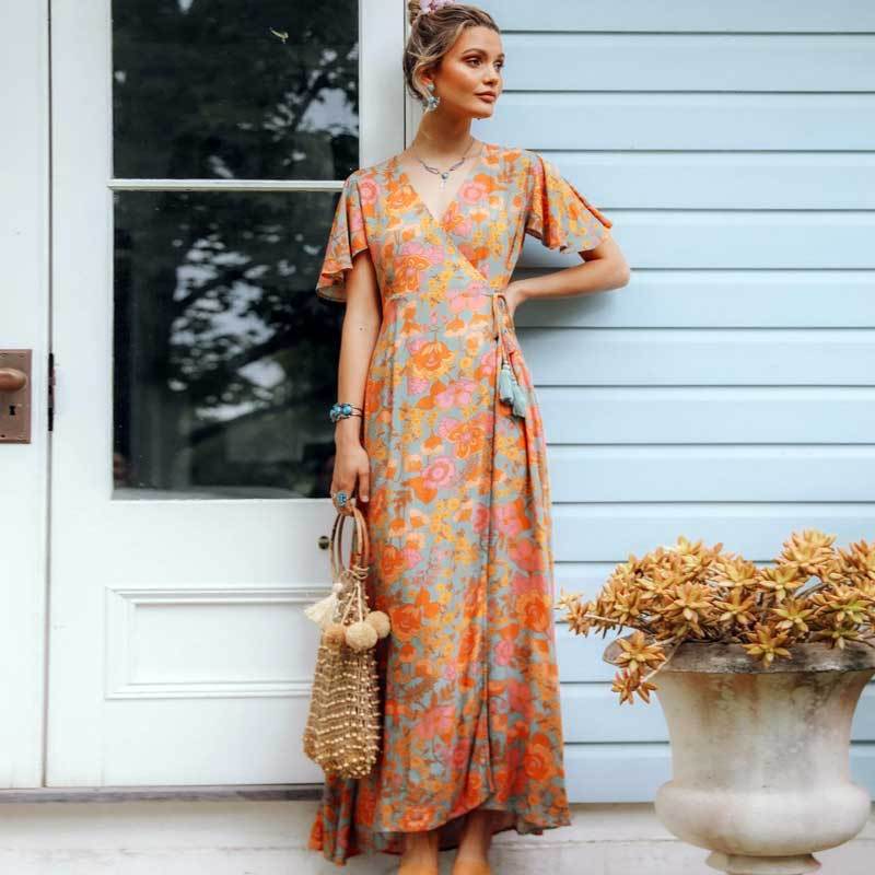 Diana | Floral Wrap Dress with Short Sleeves | Light & Airy Maxi Dress
