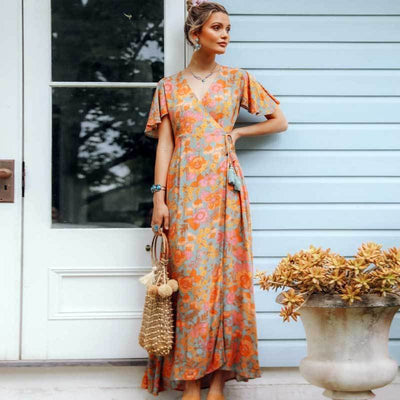 Diana | Floral Wrap Dress with Short Sleeves | Light & Airy Maxi Dress