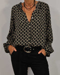 Women's V-Neck Geometric Print Blouse – Long Sleeve