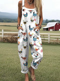 Women's Funny Farm Chicken Pattern Cotton Wide Leg Jumpsuit
