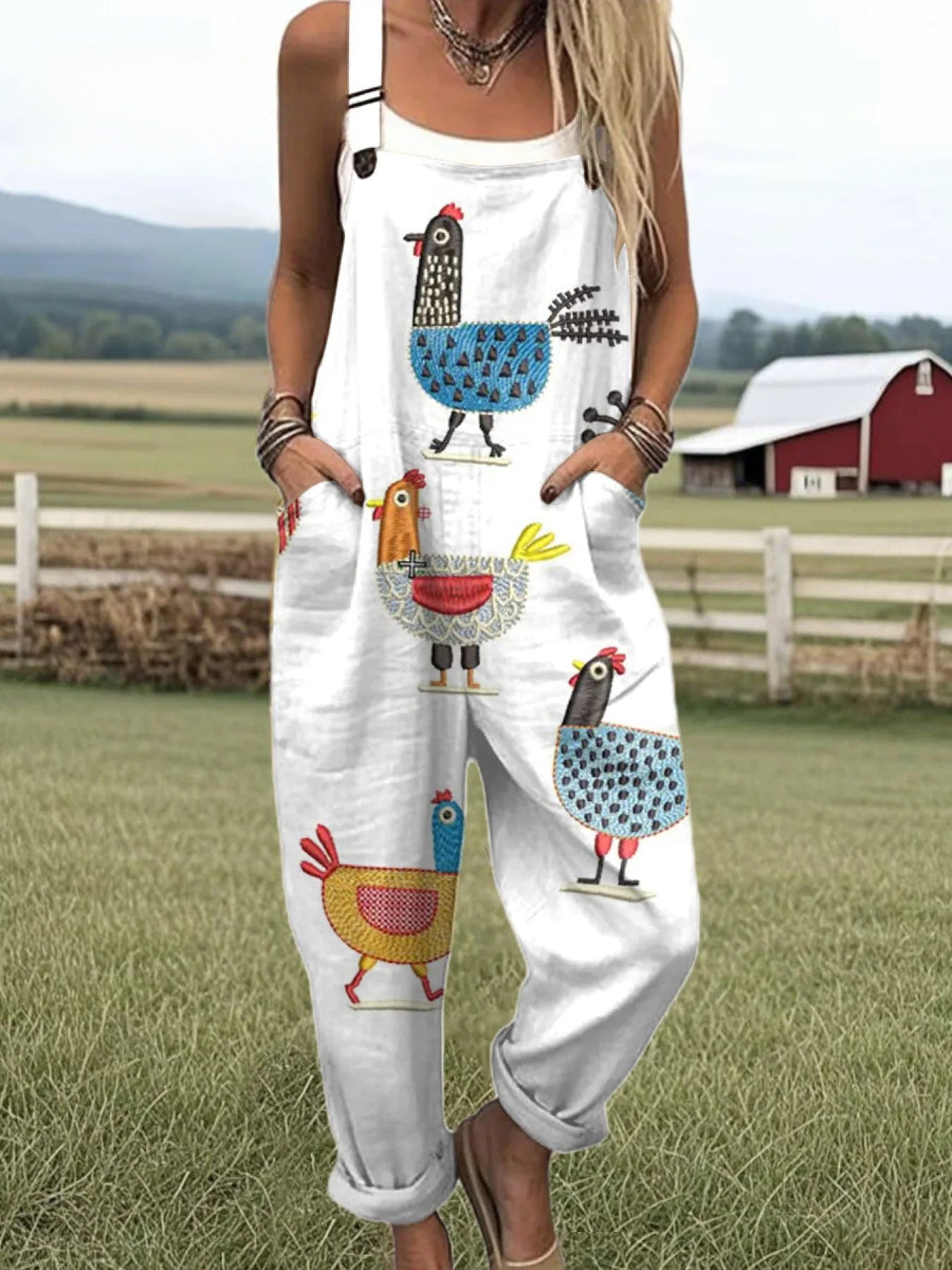Women's™ |  Funny Chick Art Print Casual 100% Cotton Wide Leg Jumpsuit
