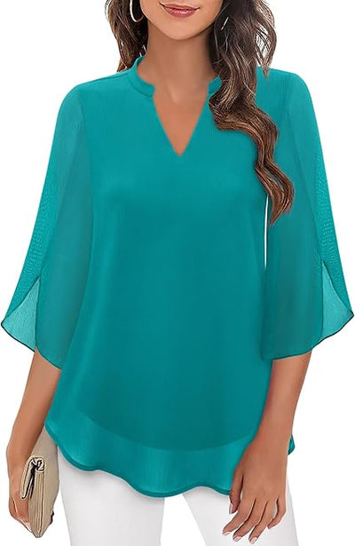Fabienne ™ | Flowy, Stylish and Comfortable V-Neck 3/4 Sleeve Chiffon Blouse