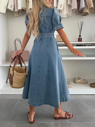 Nimfa™ | Elegant Lapel Lace-Up Maxi Denim Dress