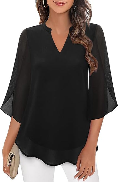Fabienne ™ | Flowy, Stylish and Comfortable V-Neck 3/4 Sleeve Chiffon Blouse