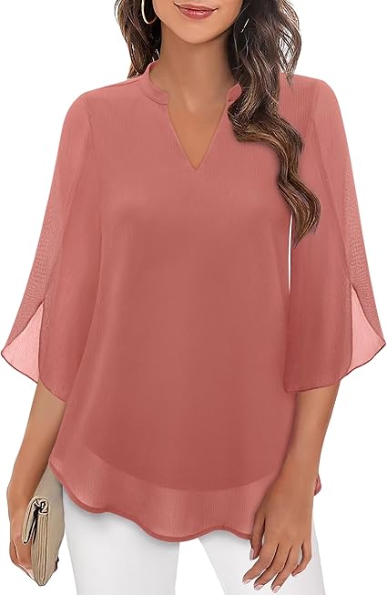 Fabienne ™ | Flowy, Stylish and Comfortable V-Neck 3/4 Sleeve Chiffon Blouse