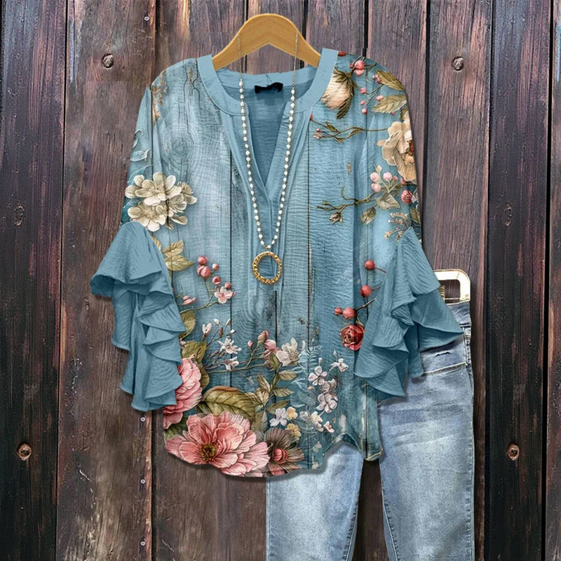 Francine™ | Boho Floral V-Neck Ruffle Bell Sleeve Top
