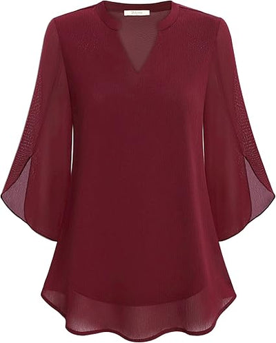 Fabienne ™ | Flowy, Stylish and Comfortable V-Neck 3/4 Sleeve Chiffon Blouse