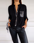 Women's Casual Top with Sequined Panels – Button Blouse