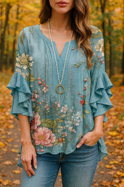 Francine™ | Boho Floral V-Neck Ruffle Bell Sleeve Top