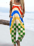 Women's Vintage Abstract Geometric Wide Leg Jumpsuit Cotton