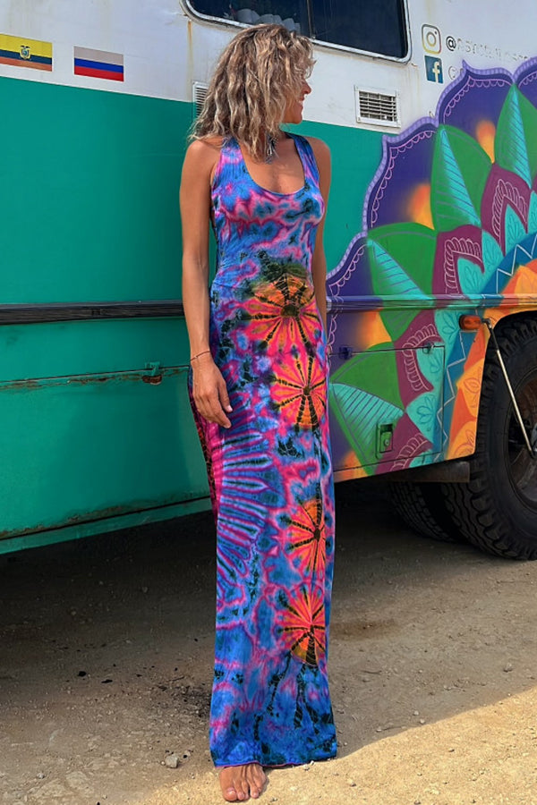 Helena™ | Tie-dye Print Back Lace-up Stretch Maxi Dress