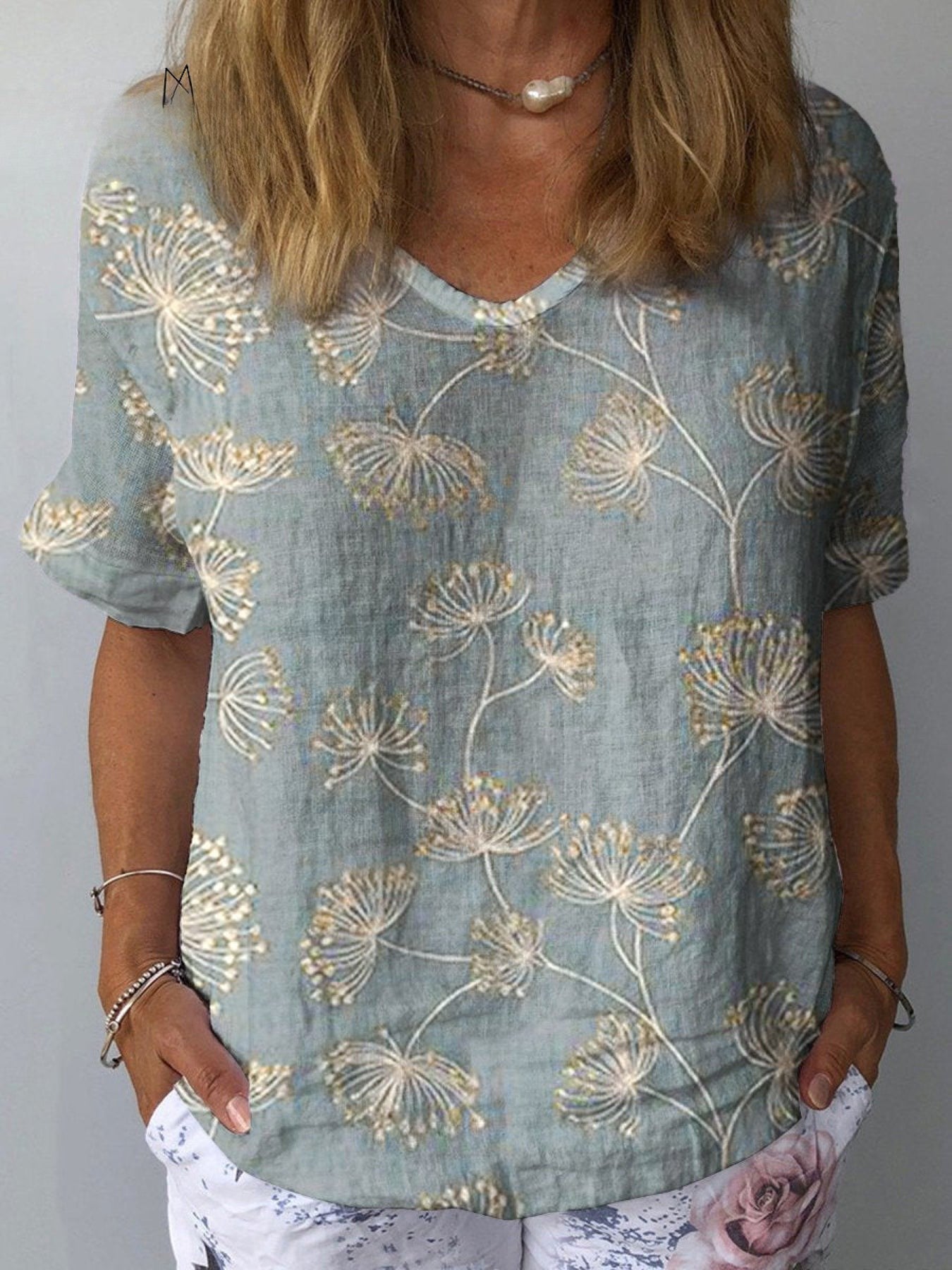 Lily™ | Women's  Dandelion  Art Print Casual Cotton And Linen Shirt