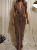 Women's Deep V Pleated Maxi Dress – Elegant Evening