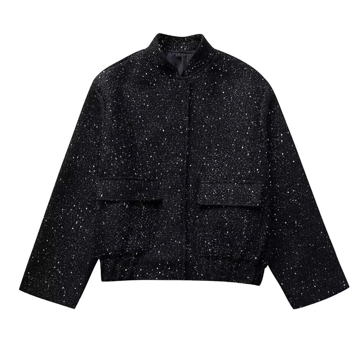 Flat lay of a black sequin short jacket with a high collar and two front pockets