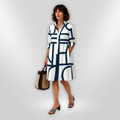 Women's Geometric Pattern Midi Dress – A-Line Style