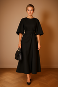 Women's Black Kimono Sleeve Midi Dress – Belted Elegant
