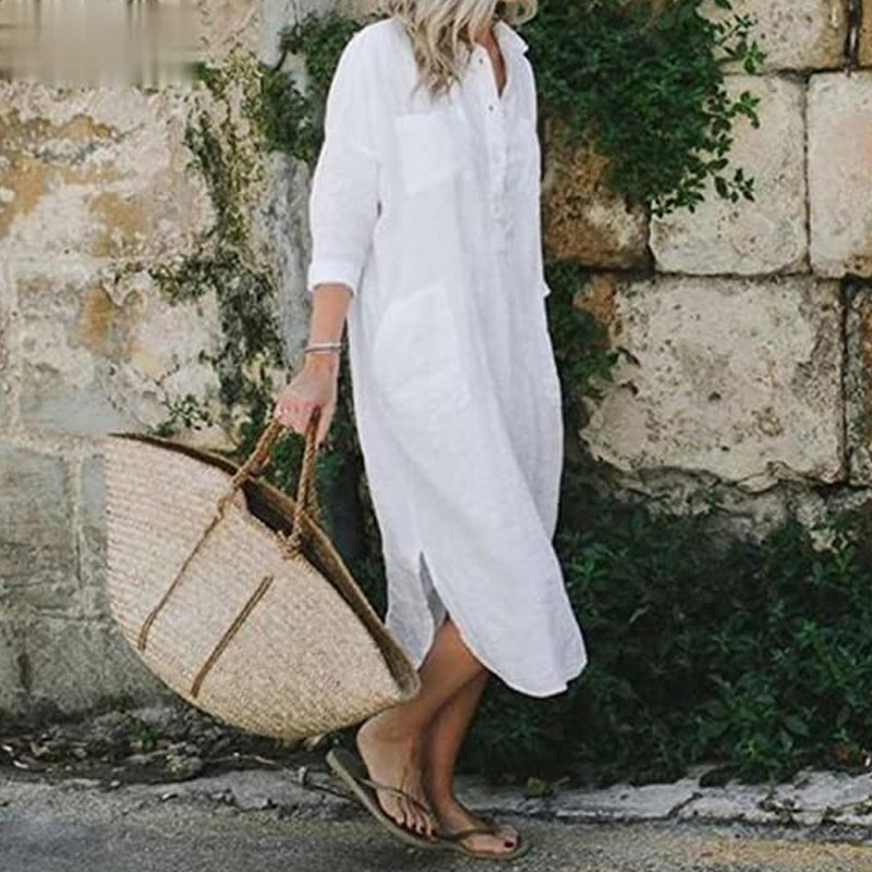 Elara™ | Elegant Solid Color Slit Shirt Dress