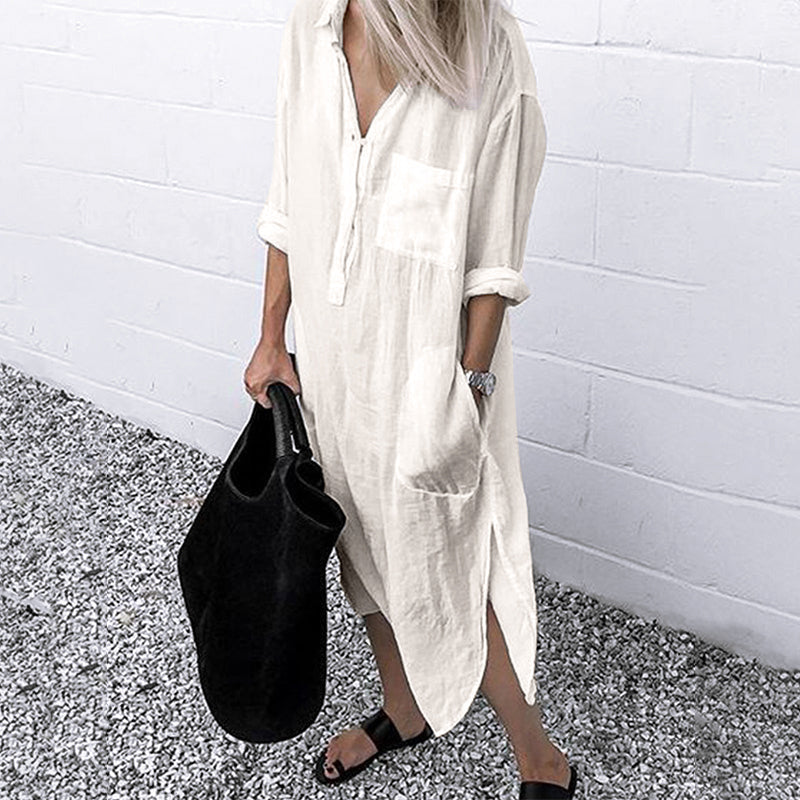 Elara™ | Elegant Solid Color Slit Shirt Dress
