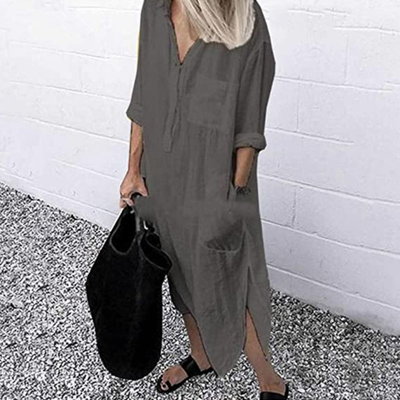 Elara™ | Elegant Solid Color Slit Shirt Dress