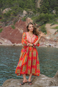 Women's V-Neck Lantern Sleeve Midi Dress – Floral