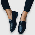 Women's Black Penny Loafers – Croc-Texture Slip-On Flats