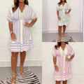 Women's Summer Striped V-Neck Midi Dress – Lace Trim