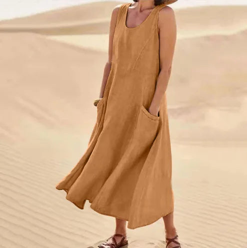 Anna | A-Line Sleeveless Midi Dress – Cotton Linen, Relaxed Fit